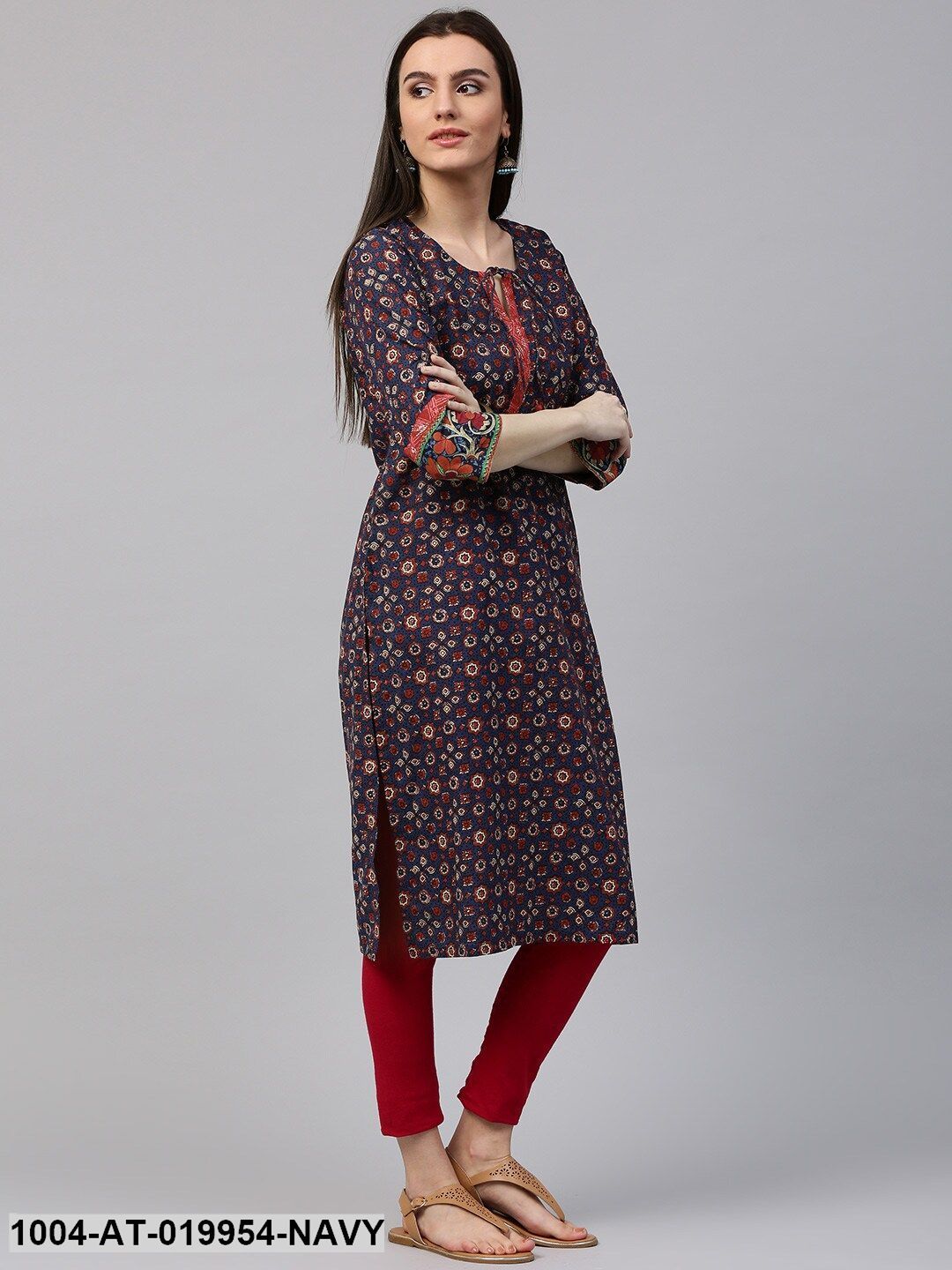 Navy & Red Printed Straight Kurta