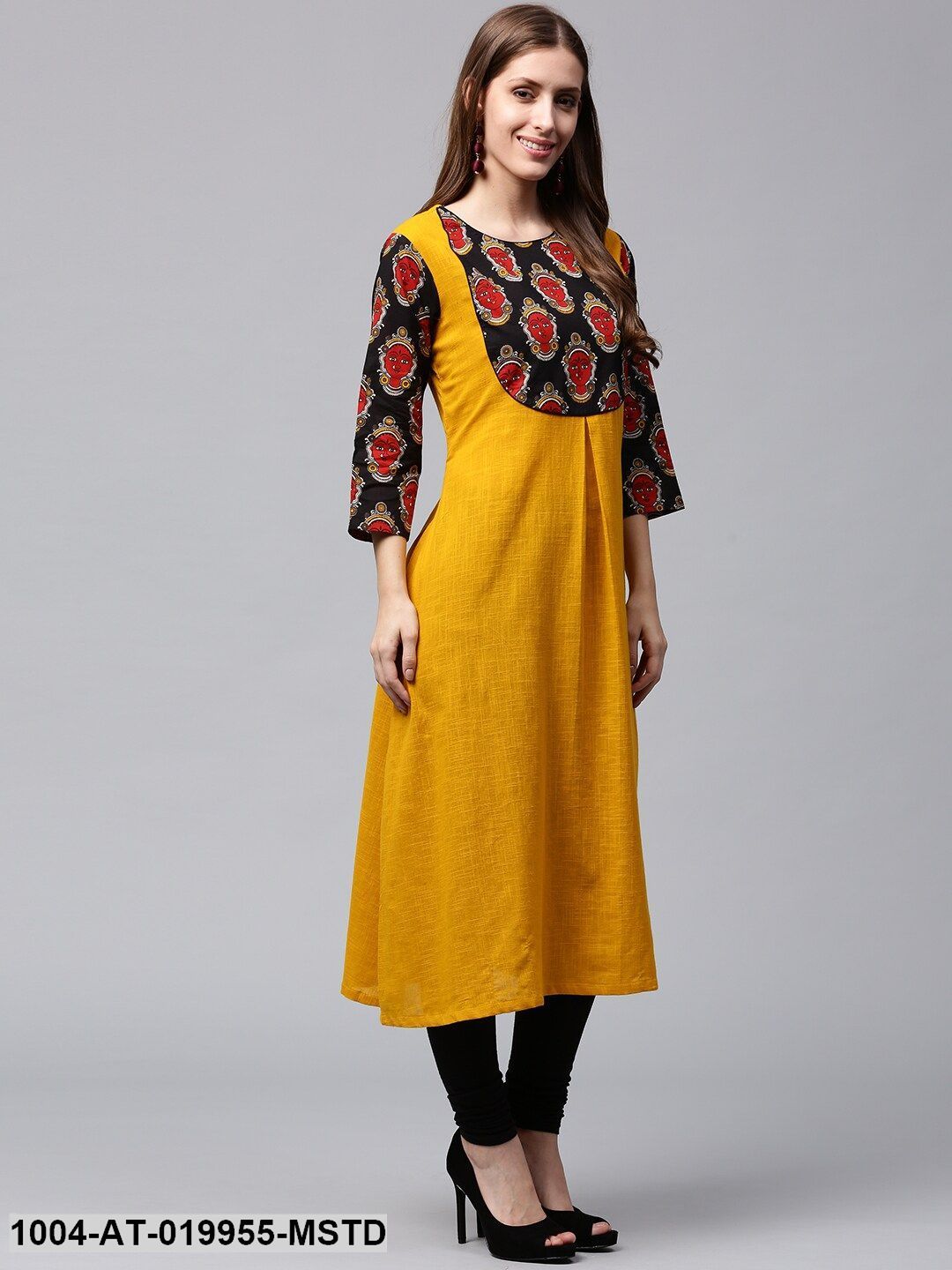 Mustard Yellow & Black Printed Detail A-Line Kurta