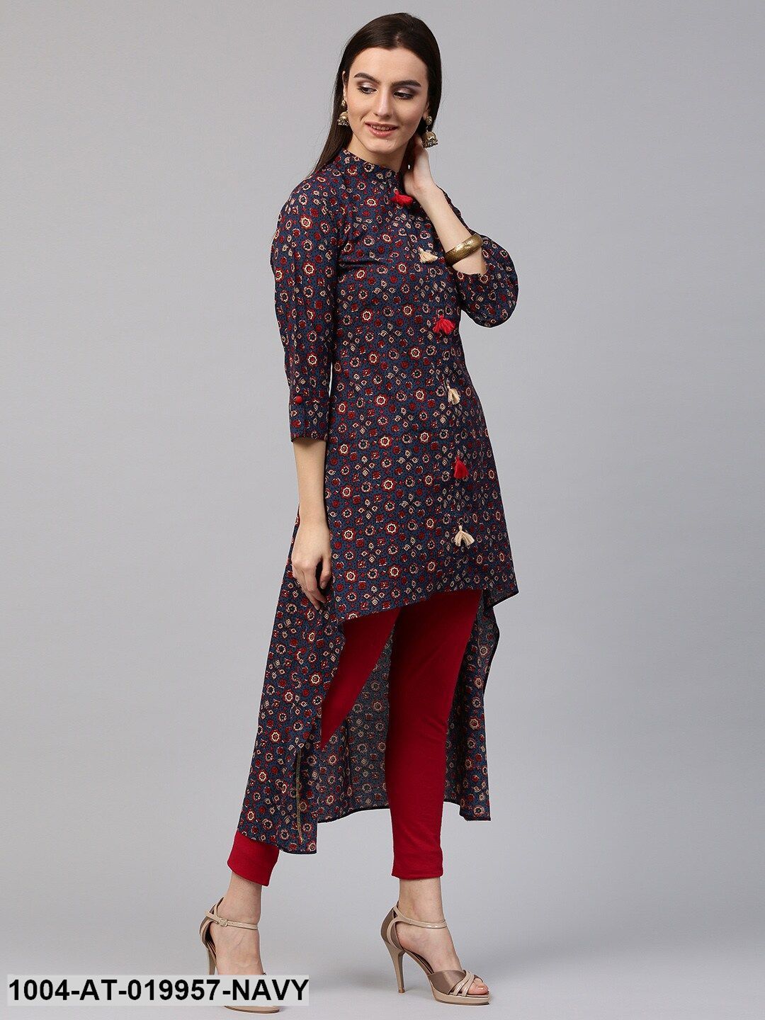 Navy & Red Printed Straight Kurta