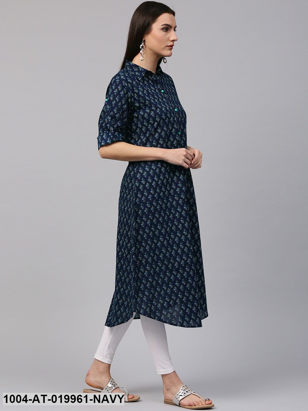 Navy Blue Printed A-Line Kurta