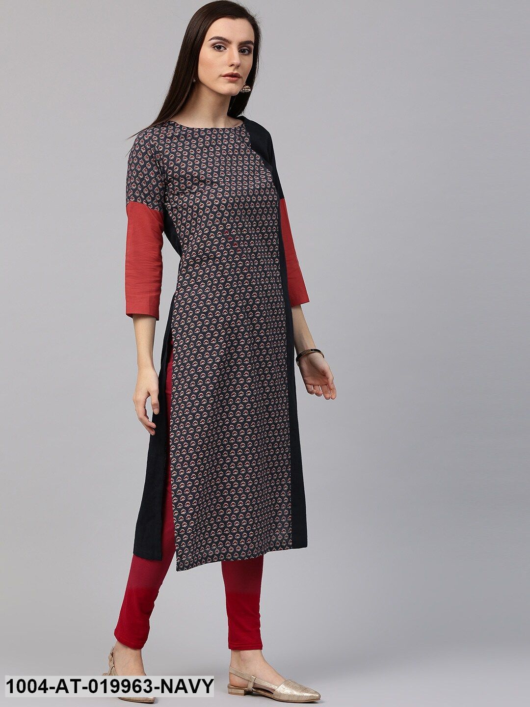 Navy & Rust Red Printed Straight Kurta