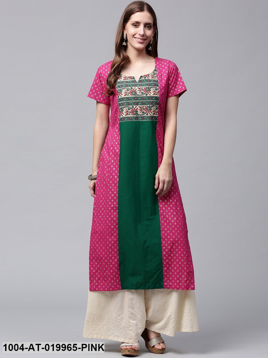 Pink & Green Printed Straight Kurta