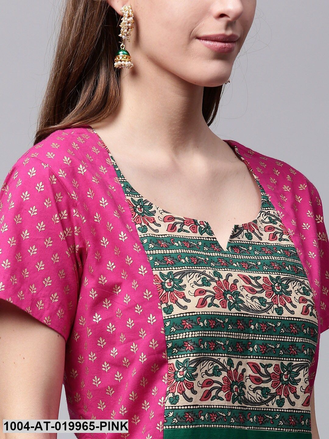 Pink & Green Printed Straight Kurta