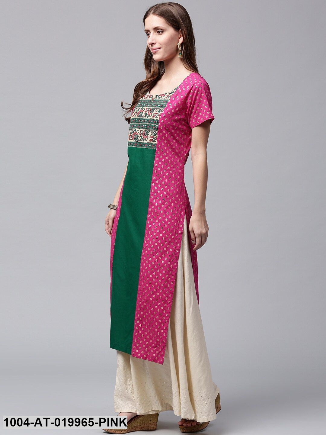 Pink & Green Printed Straight Kurta