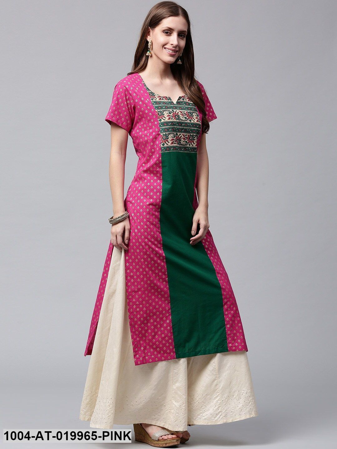 Pink & Green Printed Straight Kurta