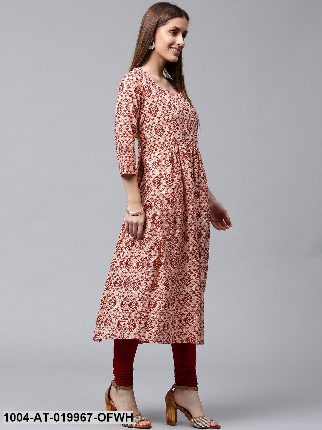 Off-White & Red Printed A-Line Kurta
