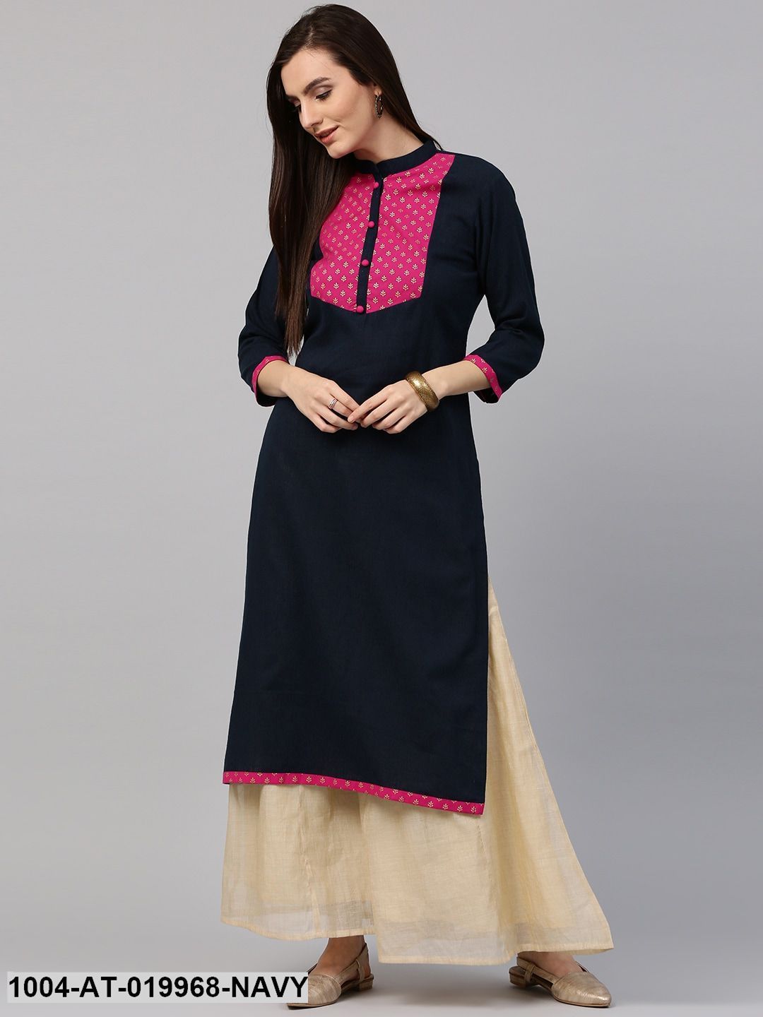 Navy Blue Printed Detail Straight Kurta
