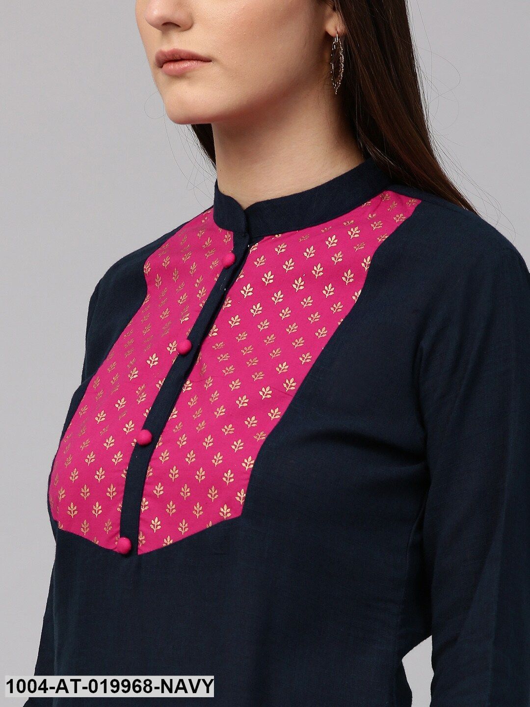 Navy Blue Printed Detail Straight Kurta