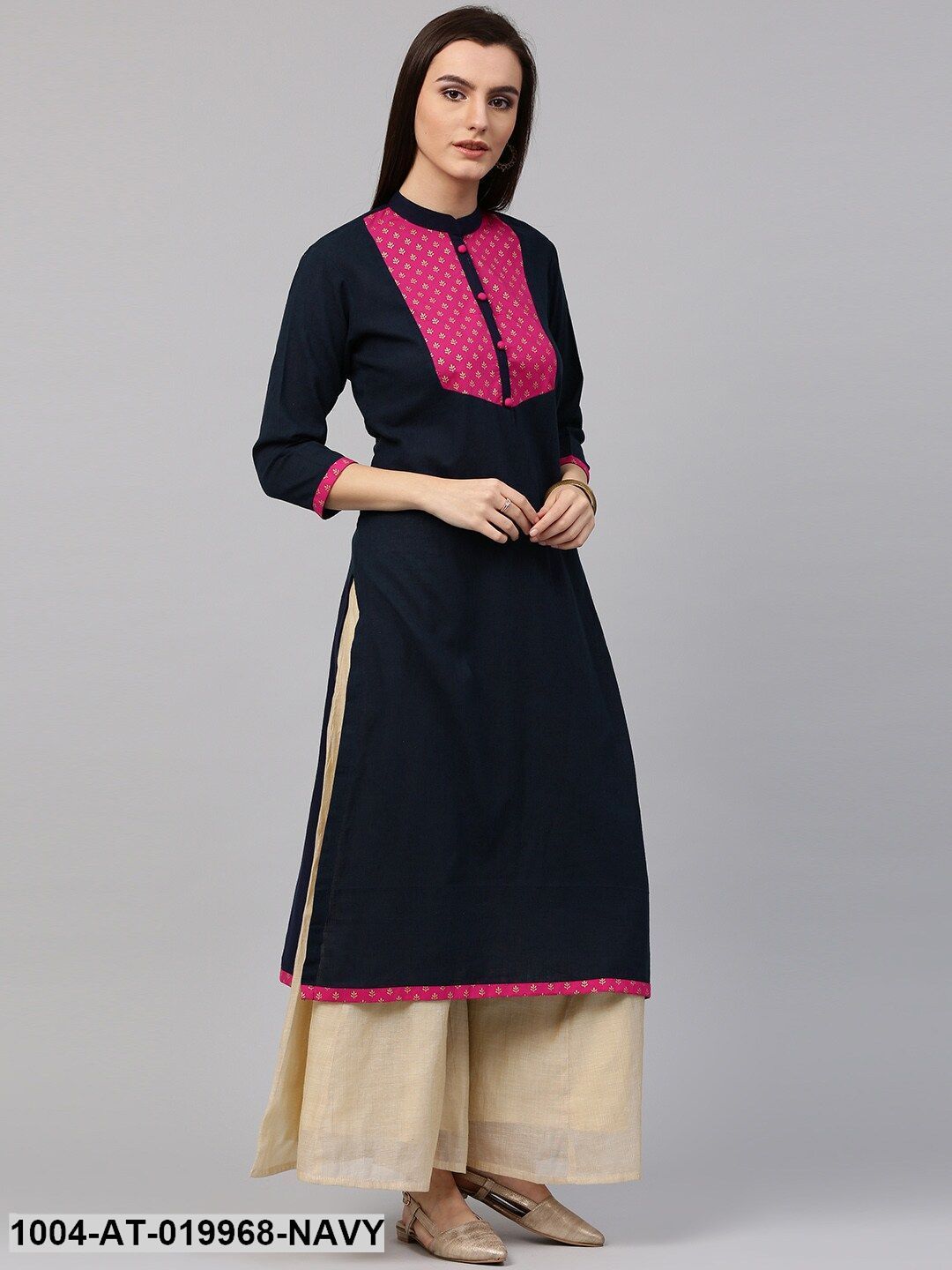 Navy Blue Printed Detail Straight Kurta