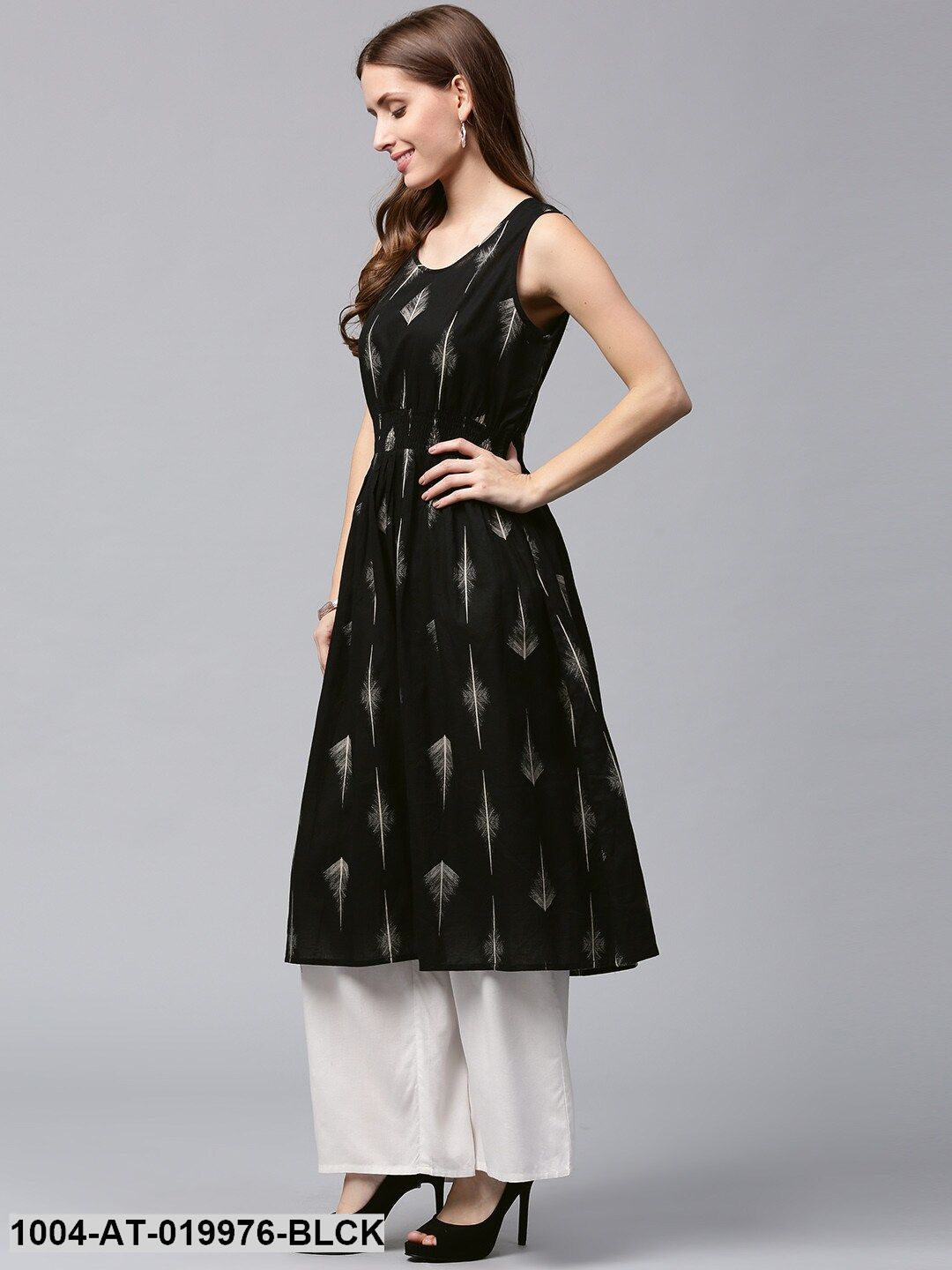 Black & Beige Quirky Printed A-Line Kurta