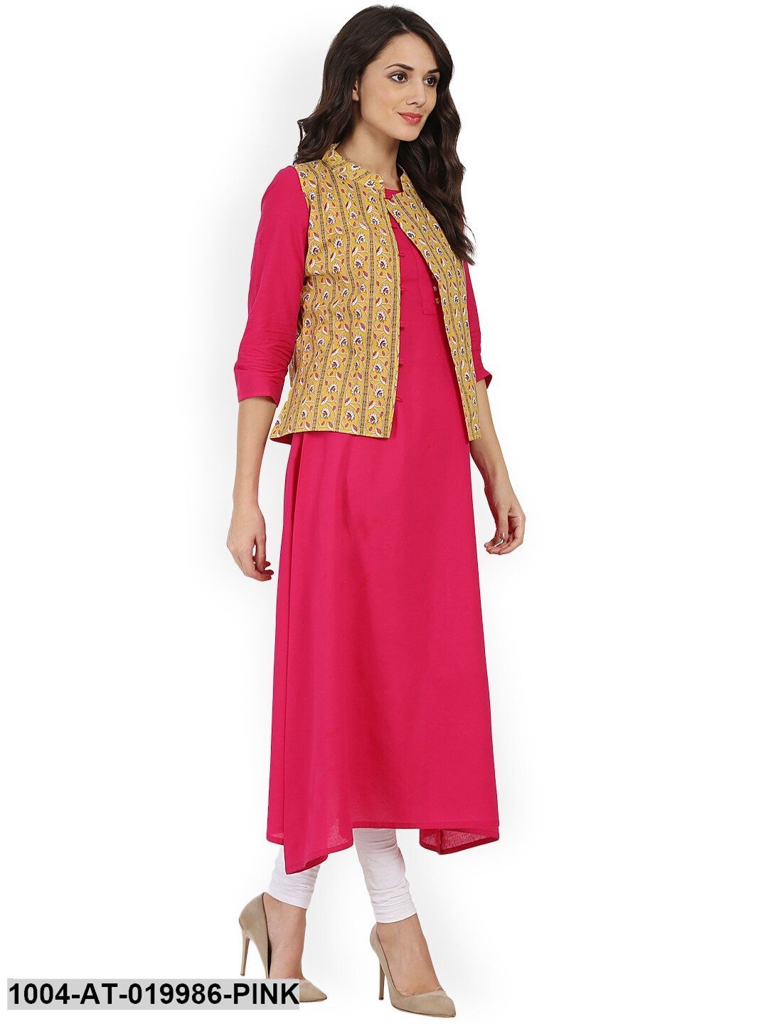 Pink & Yellow Solid Asymmetric A-Line Kurta
