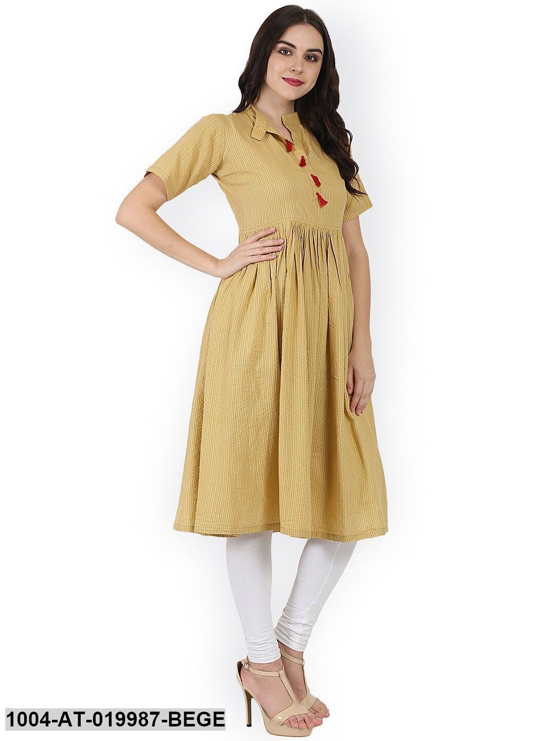 Beige Striped Anarkali Kurta