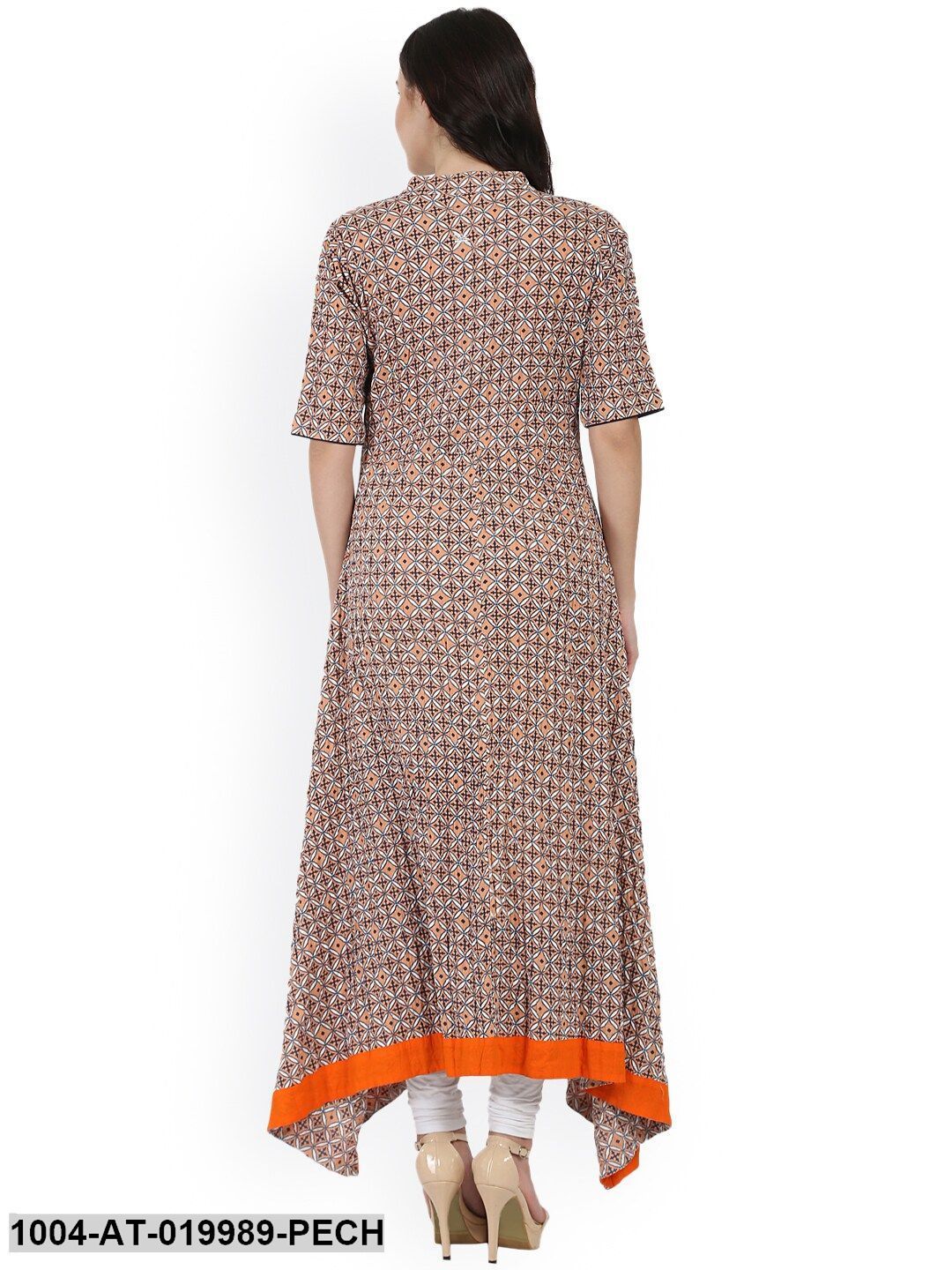Peach-Coloured & Navy Blue Printed A-line Kurta