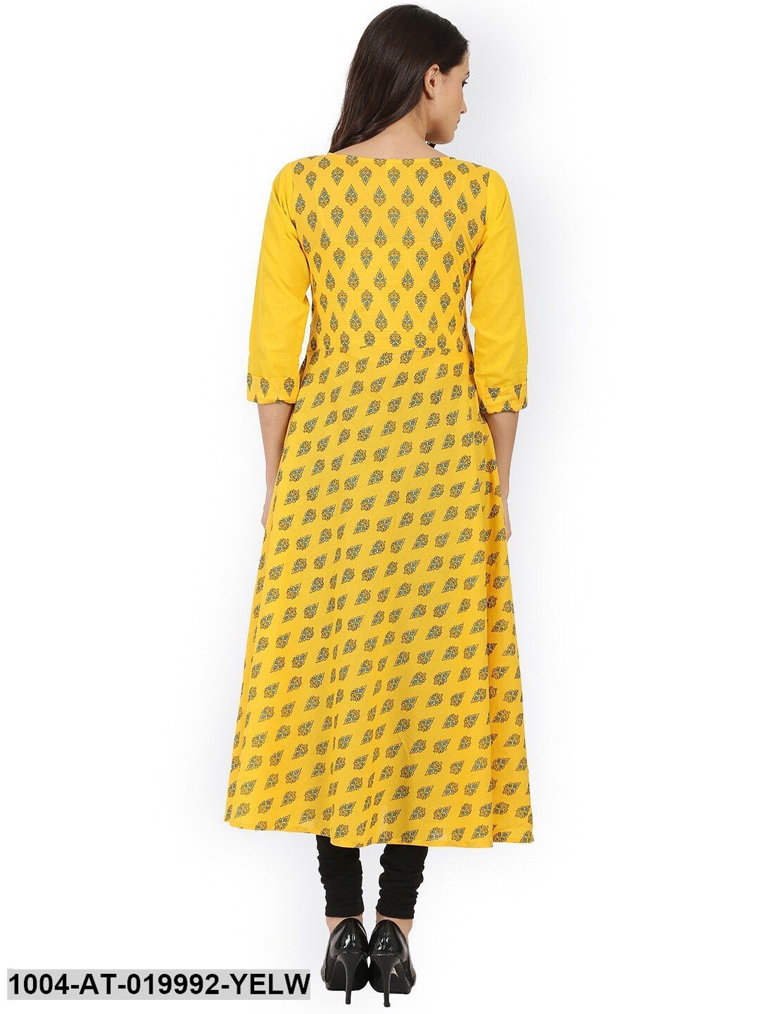 Yellow Printed A-Line Kurta