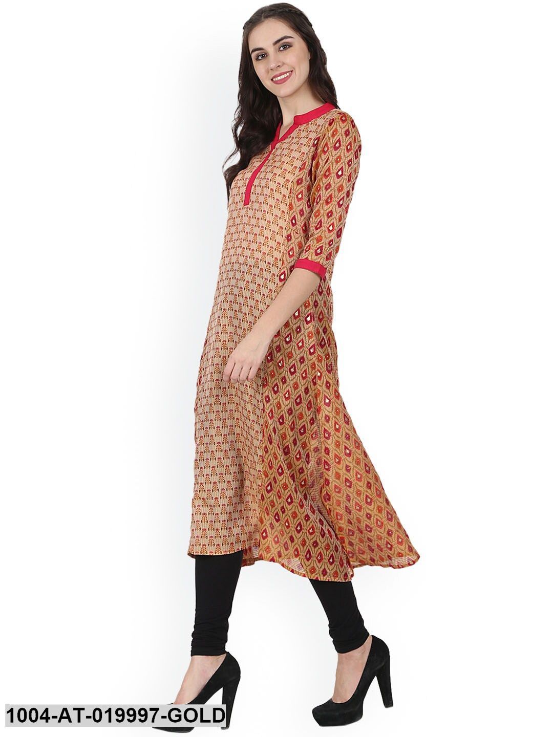 Gold-Toned & Red Printed A-Line Kurta