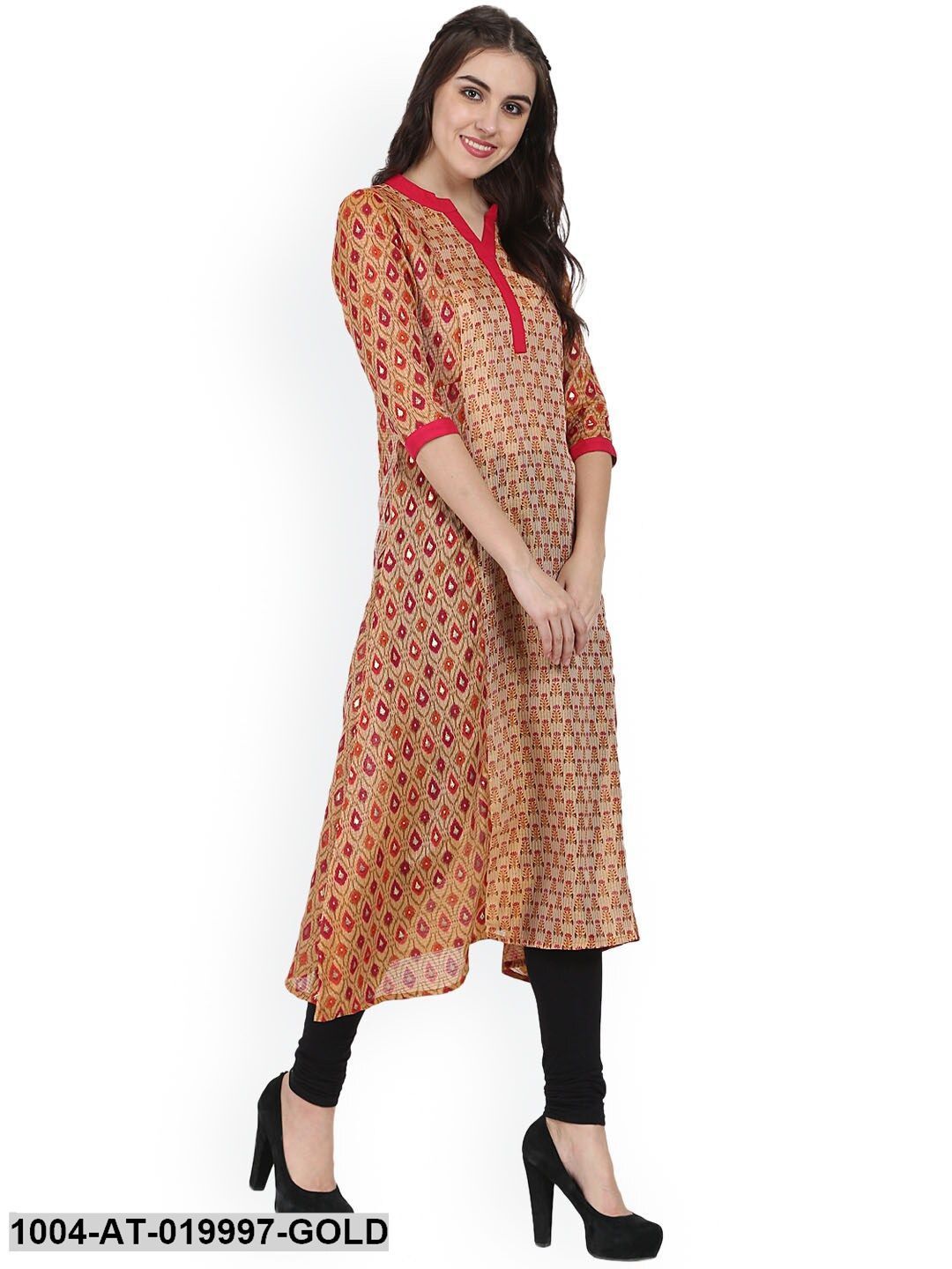 Gold-Toned & Red Printed A-Line Kurta
