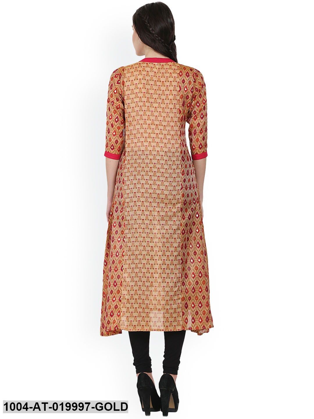 Gold-Toned & Red Printed A-Line Kurta