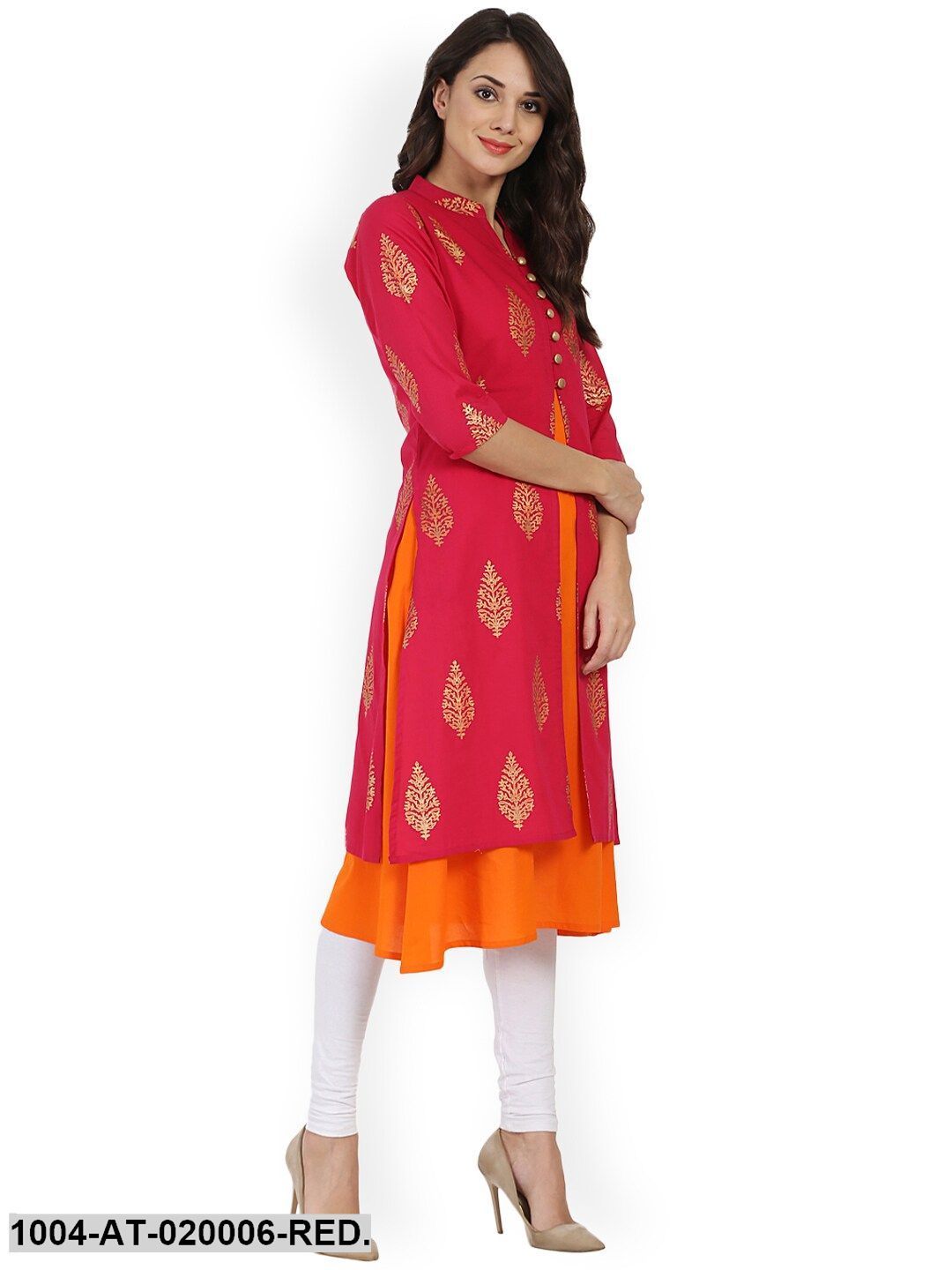 Red & Orange Printed A-Line Kurta