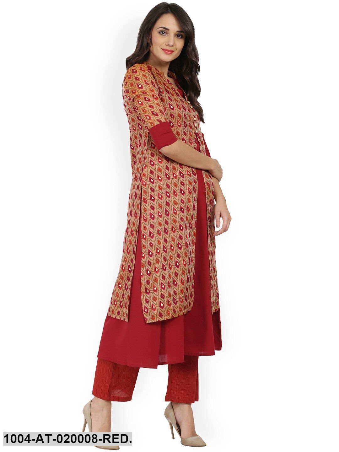 Red & Beige Printed Anarkali Kurta
