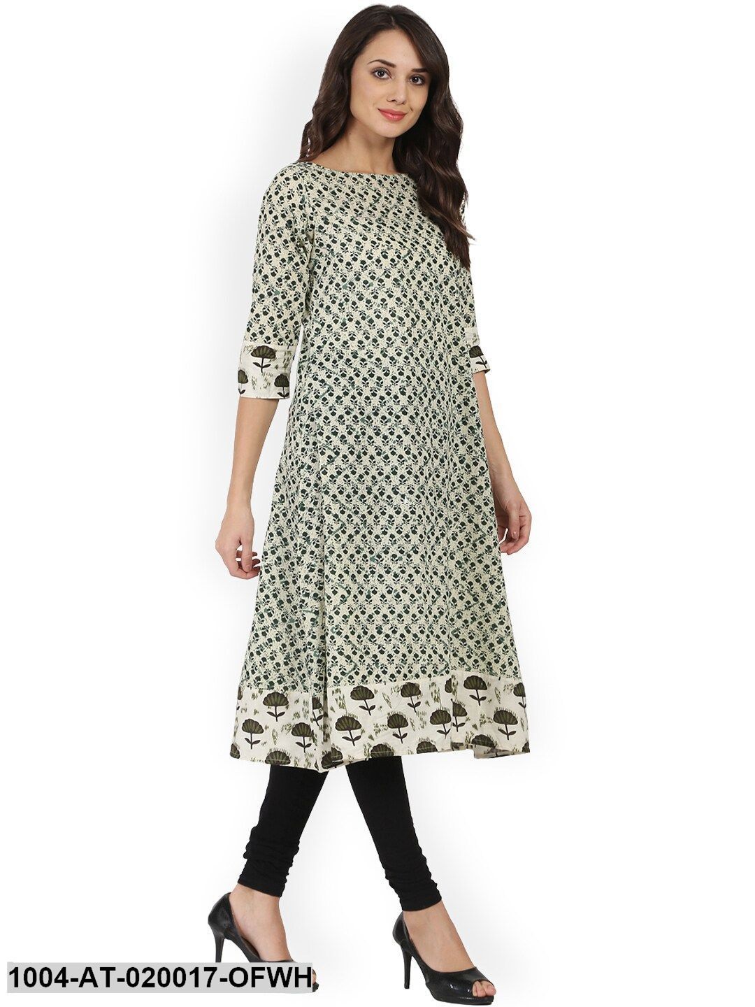 Off-White & Green Printed A-Line Kurta