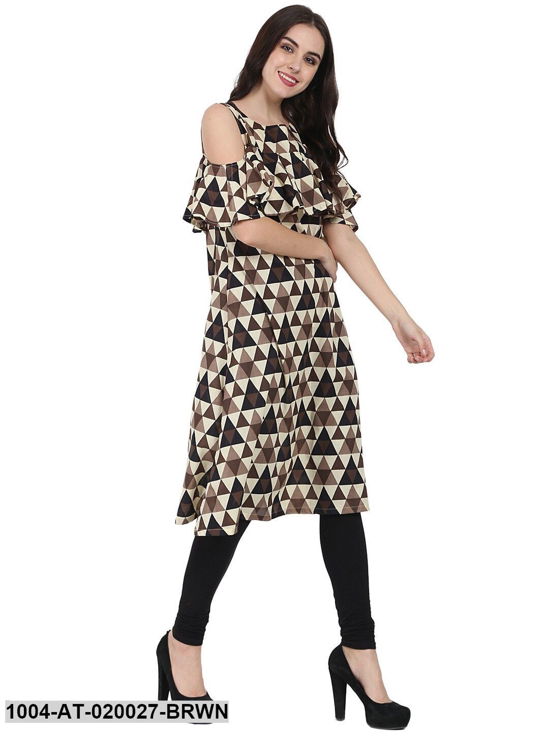 Brown & Beige Printed A-Line Kurta