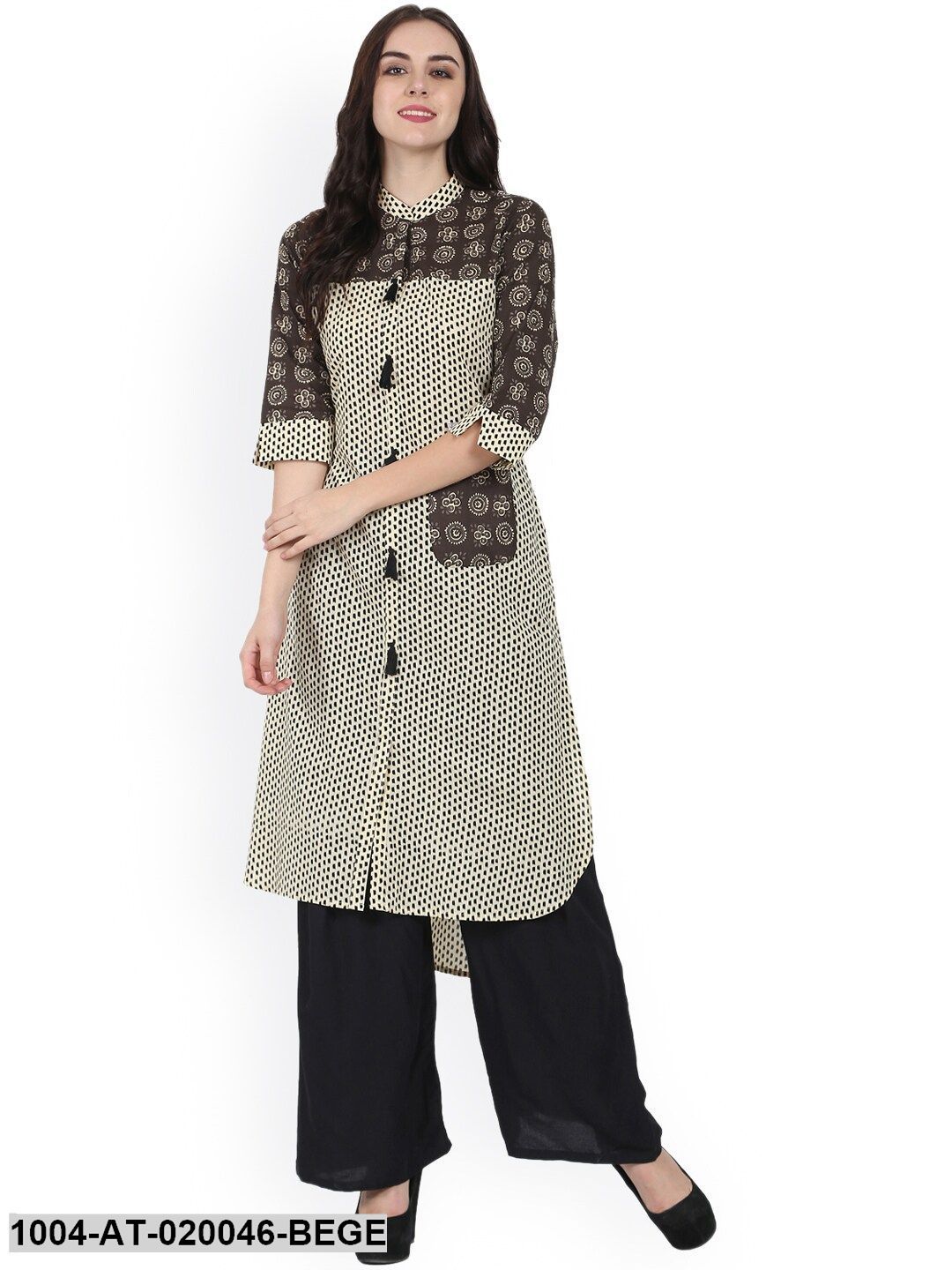 Beige Printed A-Line Kurta