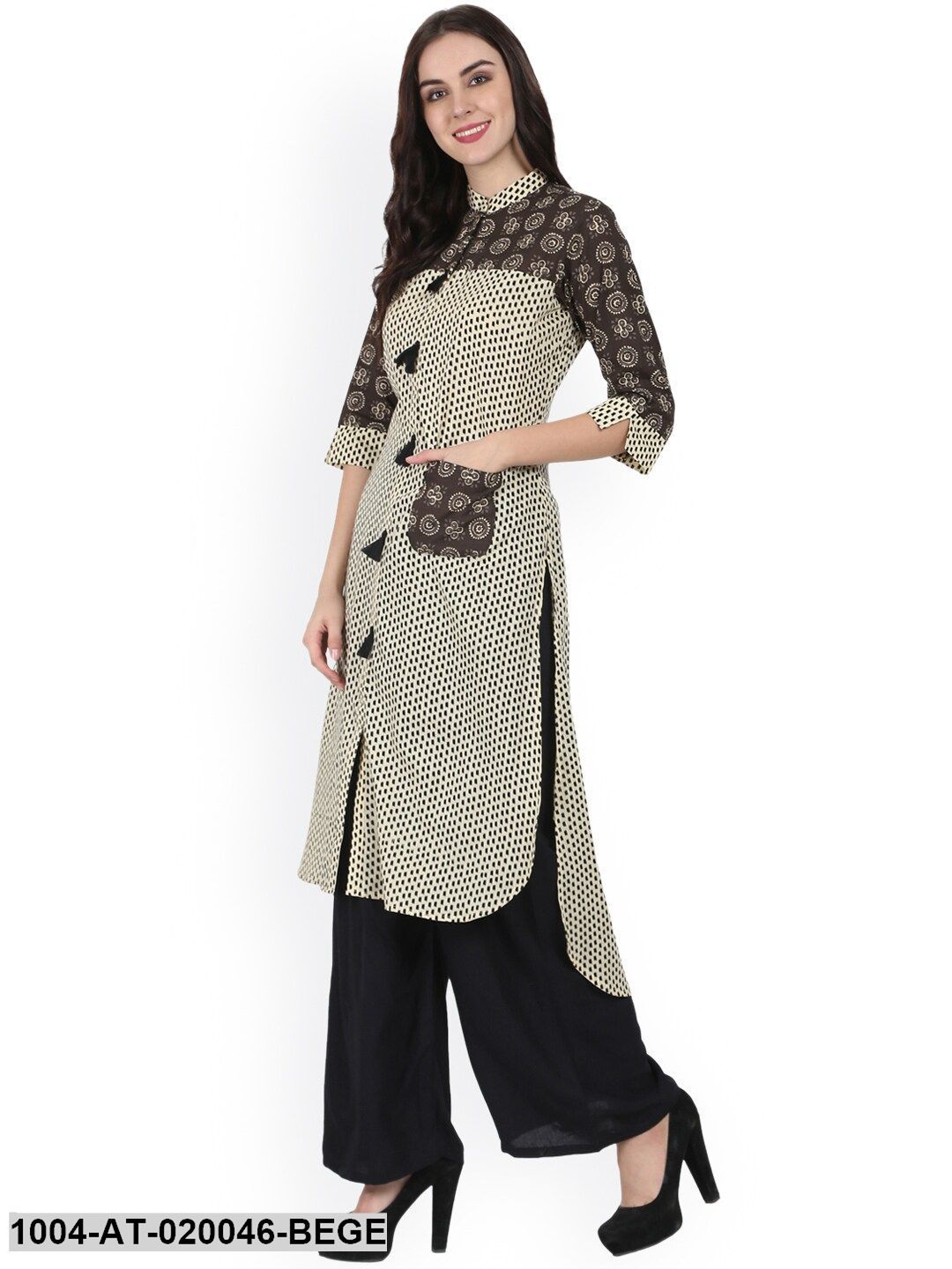 Beige Printed A-Line Kurta