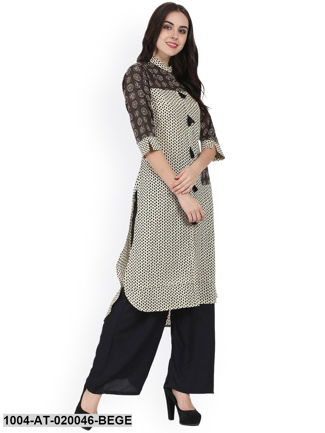 Beige Printed A-Line Kurta