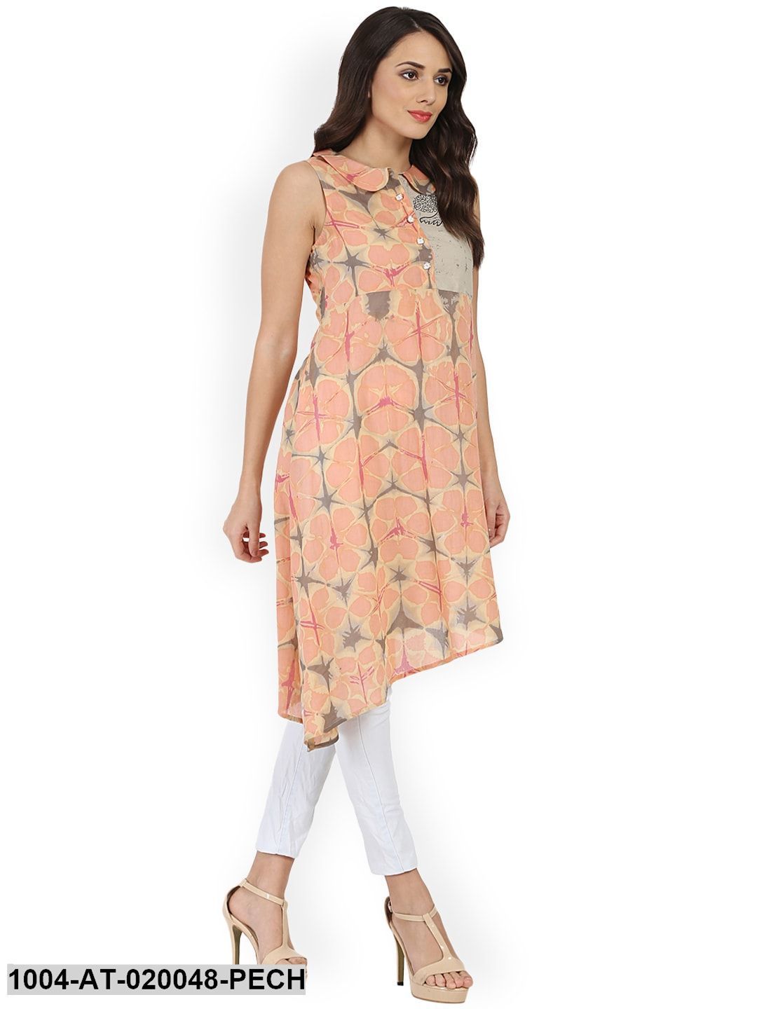 Peach-Coloured Printed Asymmetric A-Line Kurta