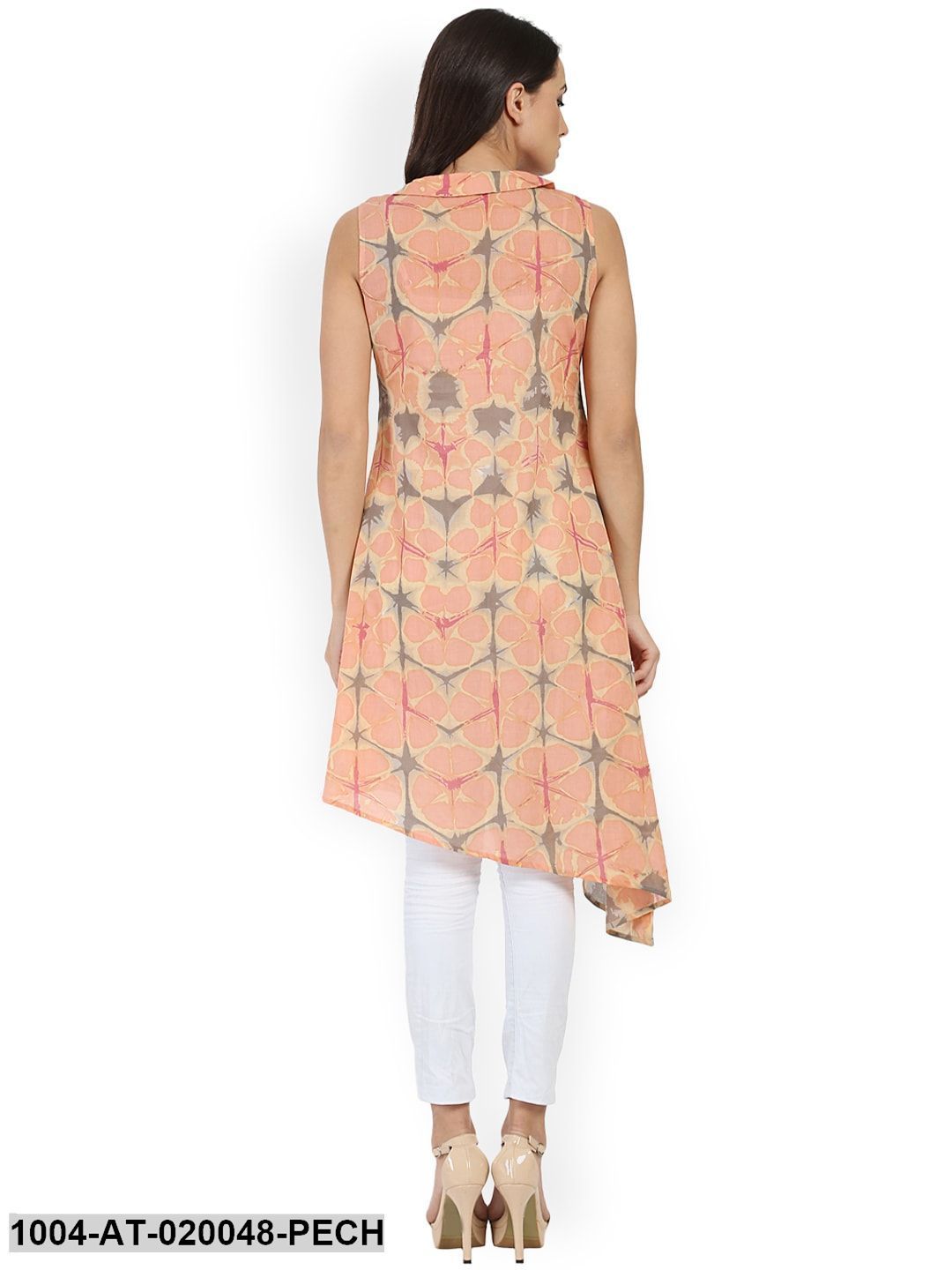 Peach-Coloured Printed Asymmetric A-Line Kurta