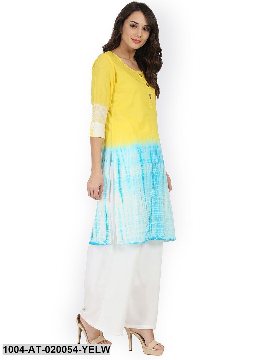 Yellow & Blue Printed Straight Kurta