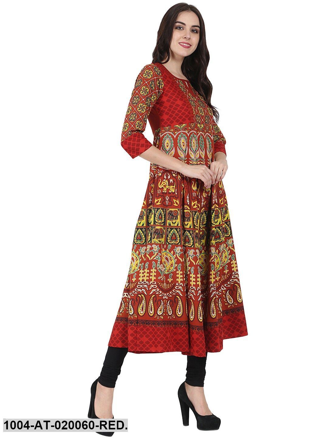 Red & Yellow Printed Anarkali Kurta