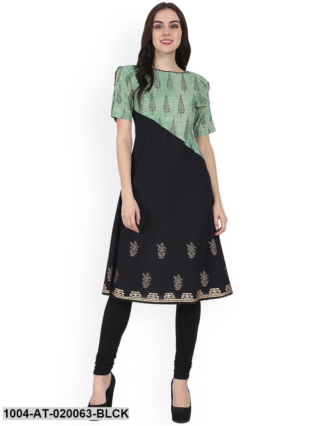 Black & Green Block Print A-Line Kurta