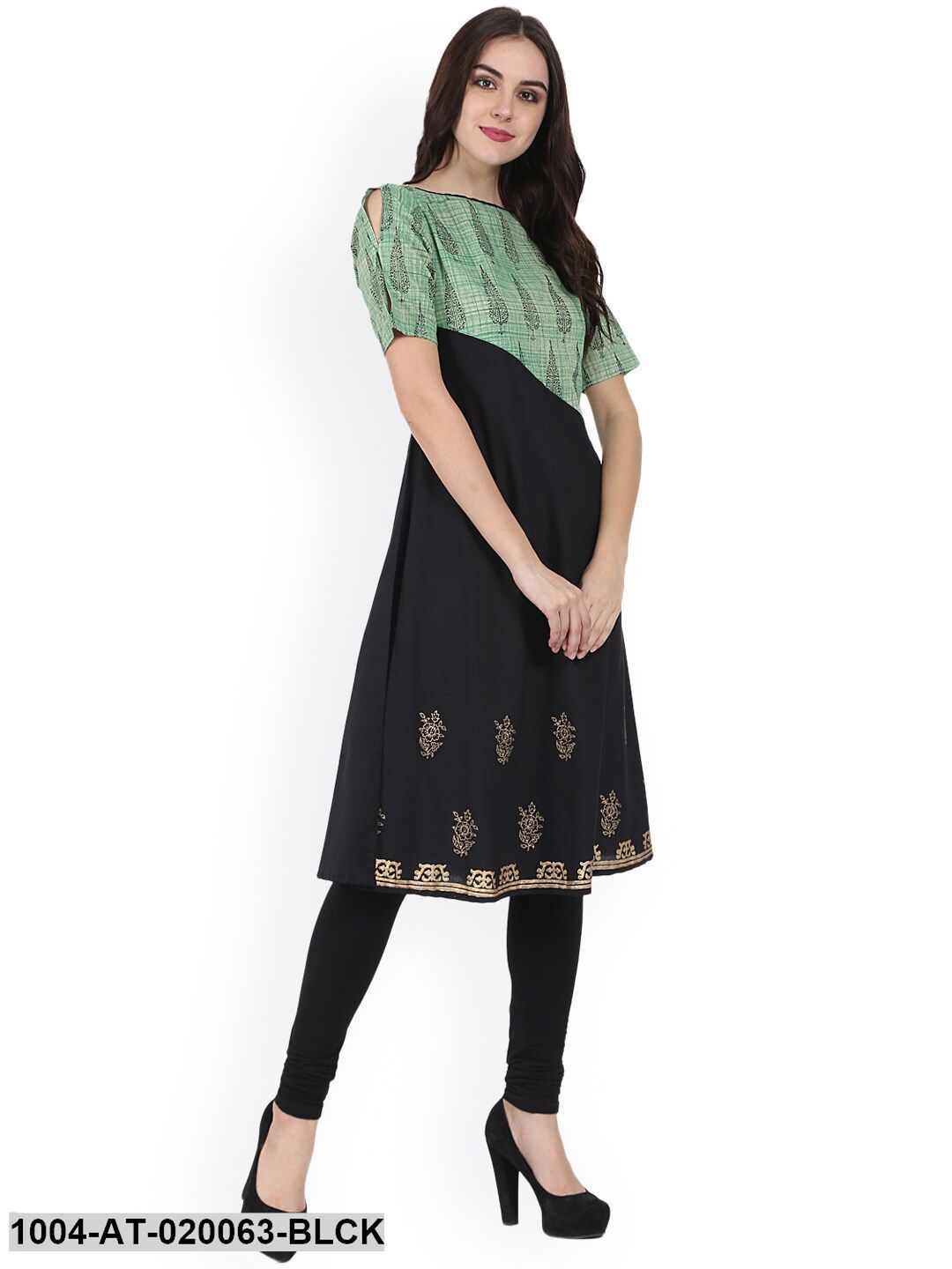 Black & Green Block Print A-Line Kurta
