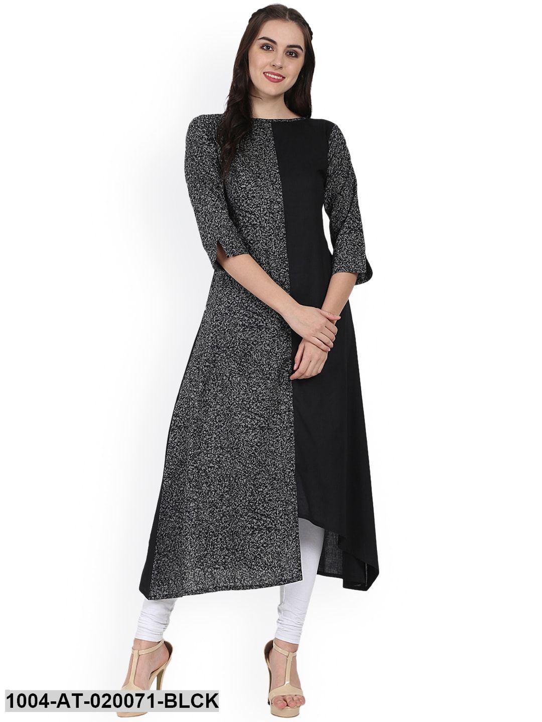 Black & Grey Printed A-Line Kurta