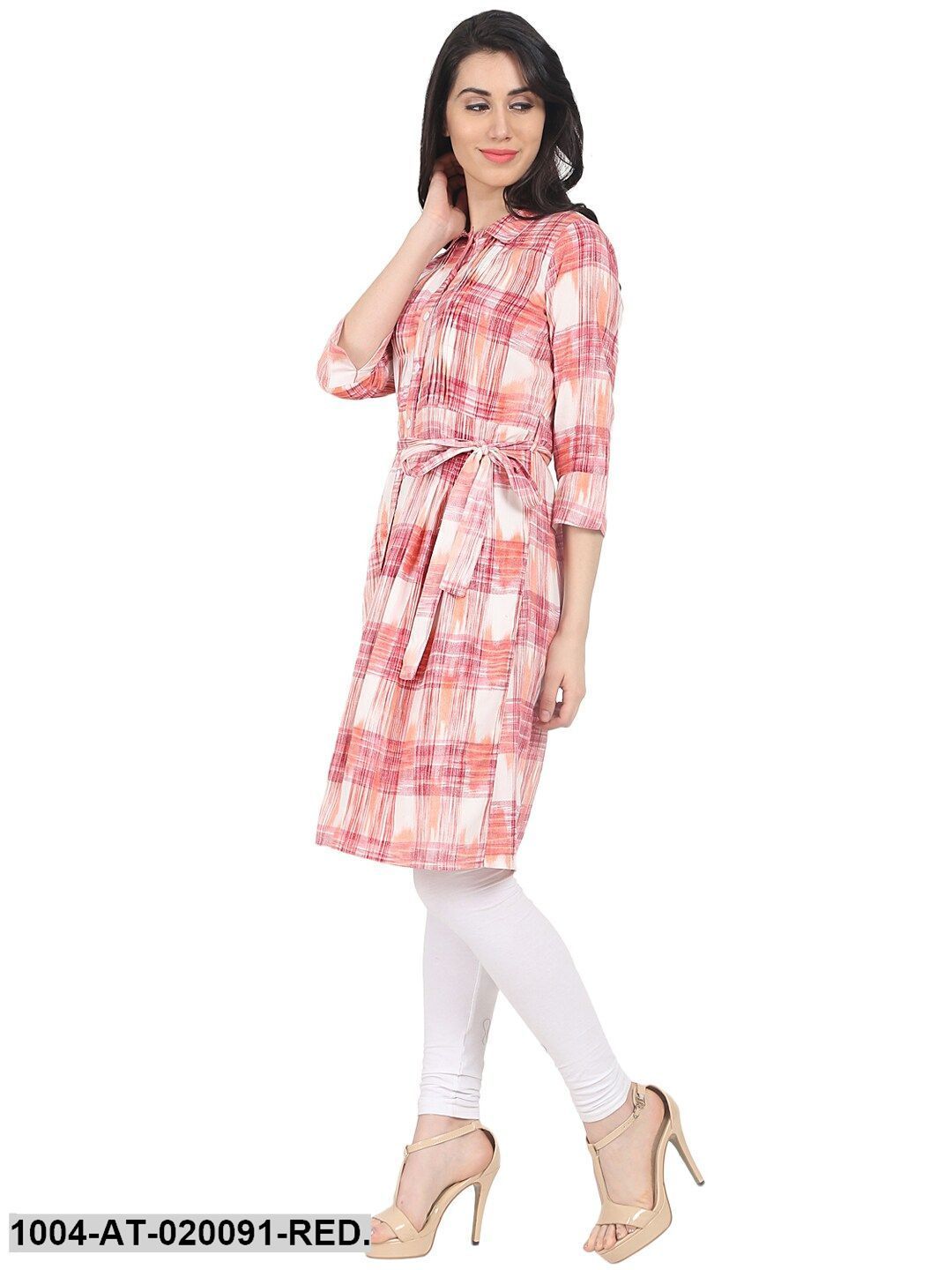 Red & White Checked A-Line Kurta