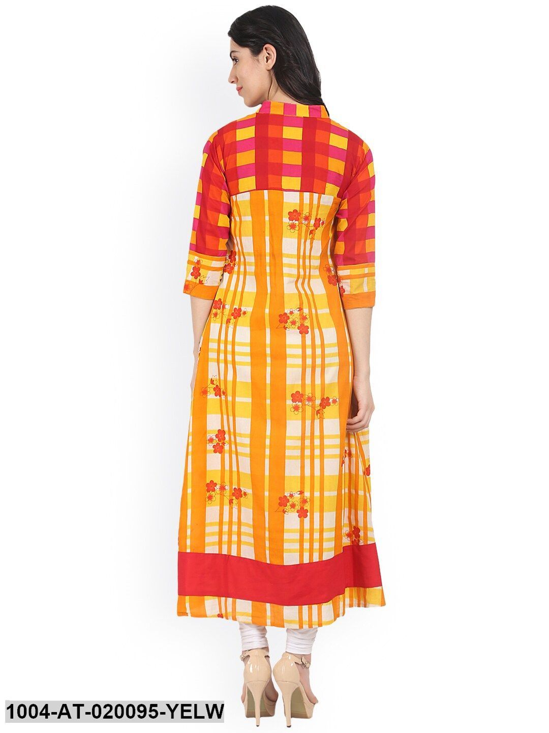 Yellow & Red Checked Anarkali Kurta