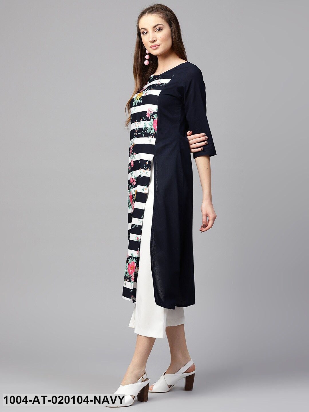 Navy Blue & White Striped A-Line Kurta