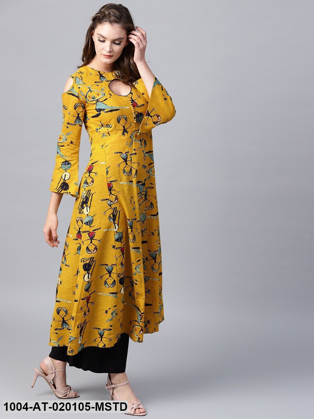 Mustard Yellow& Blue Quirky Printed A-Line Kurta
