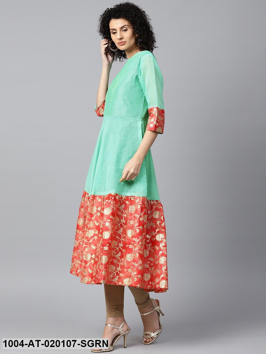 Sea Green & Coral Red Printed Tiered Anarkali Kurta