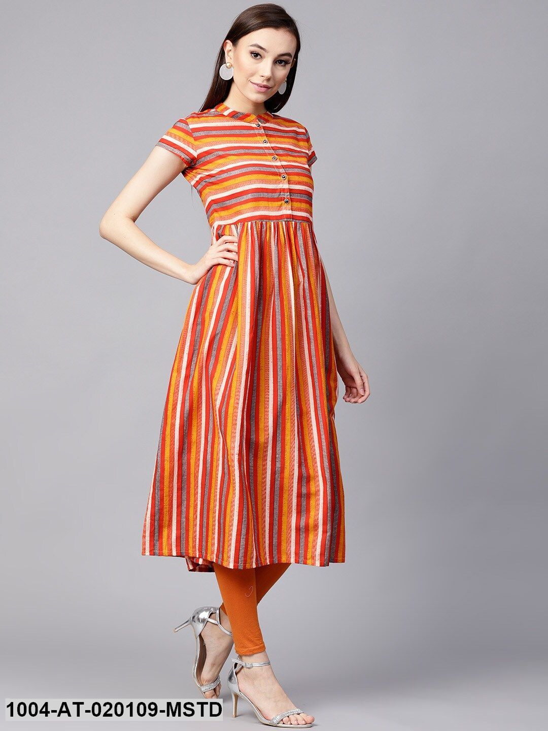 Mustard Yellow & Red Striped Empire A-Line Kurta