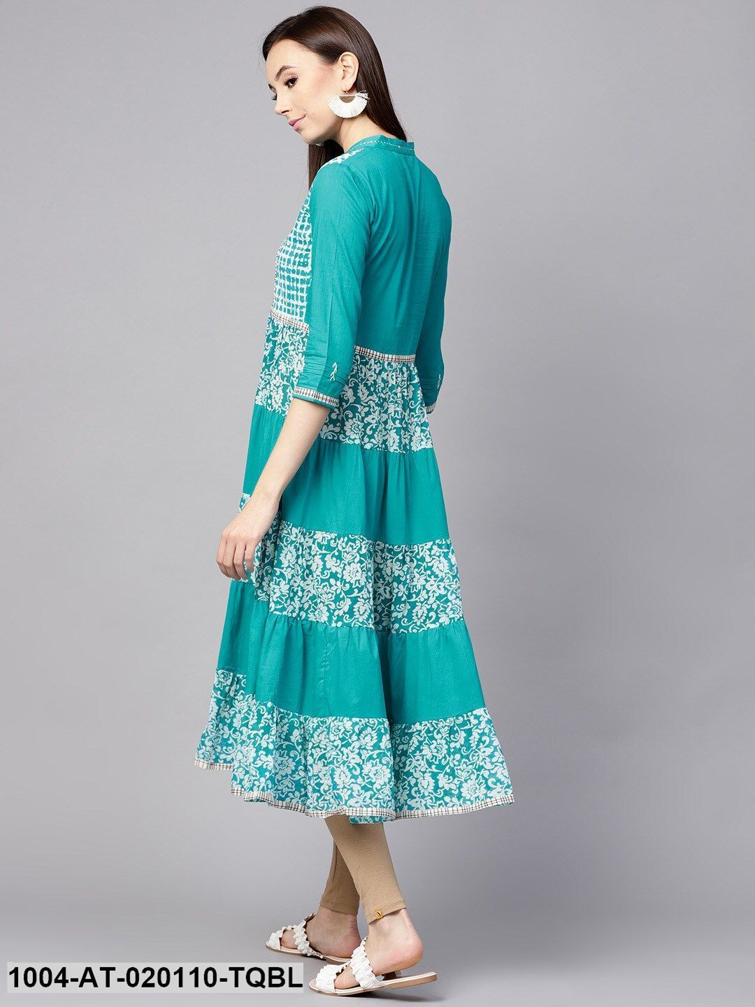 Turquoise Blue Printed Tiered Anarkali Kurta