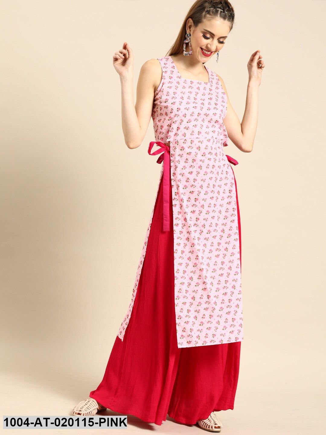 Pink Floral Printed Straight Kurta