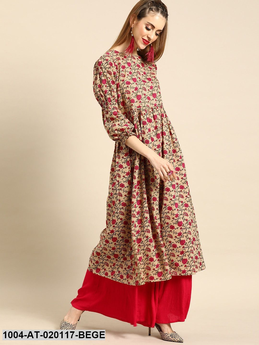 Beige & Pink Floral Print A-Line Kurta