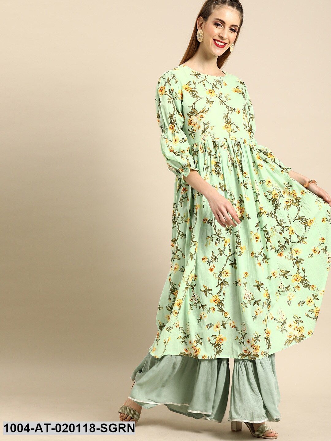 Sea Green & Yellow Floral Print A-Line Kurta With Pleated Detail