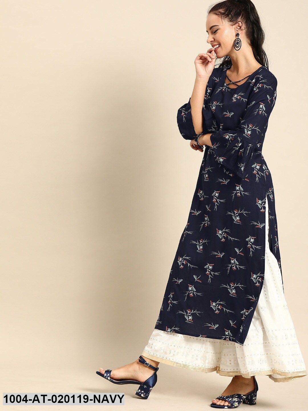 Navy Blue & Grey Floral Print Straight Kurta