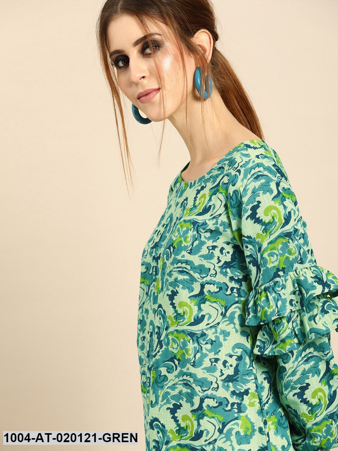 Green & Blue Printed Straight Kurta With Ruffled Detailing