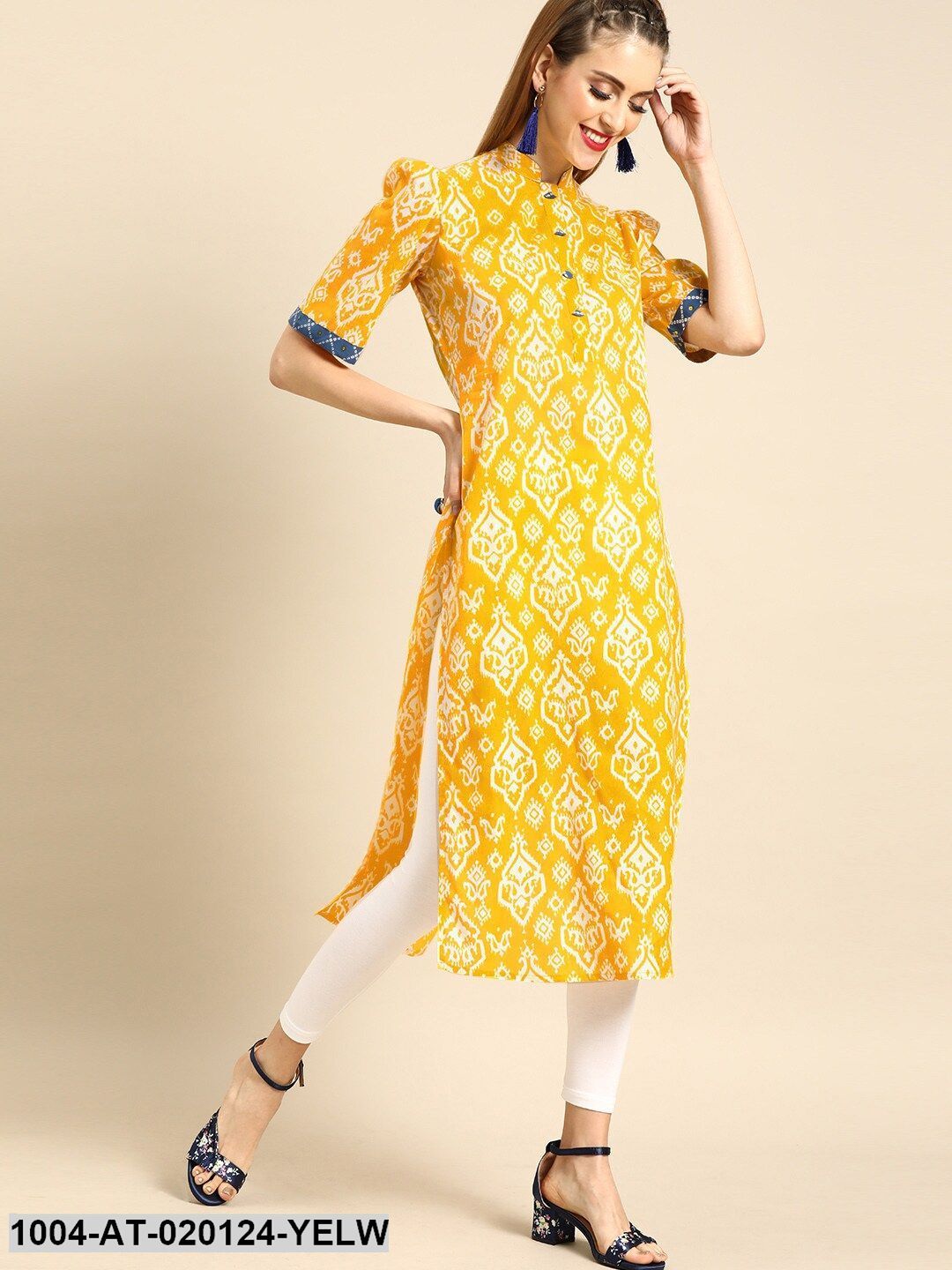 Yellow & White Printed Straight Kurta With Ethnic Jacket