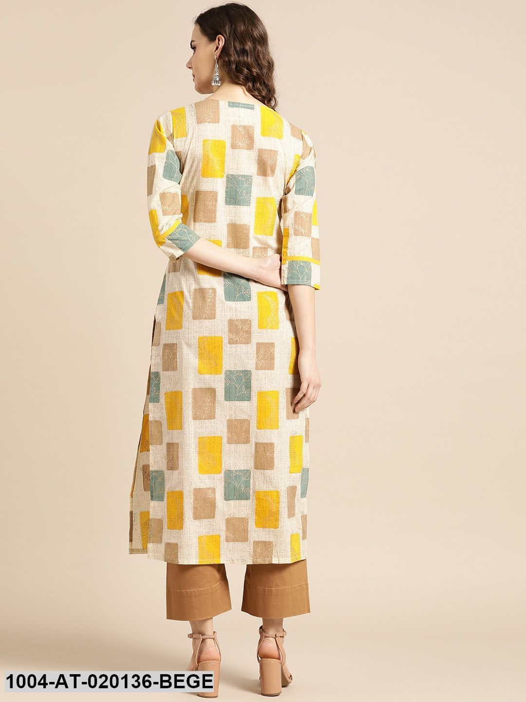 Beige & Mustard Yellow Printed Straight Kurta