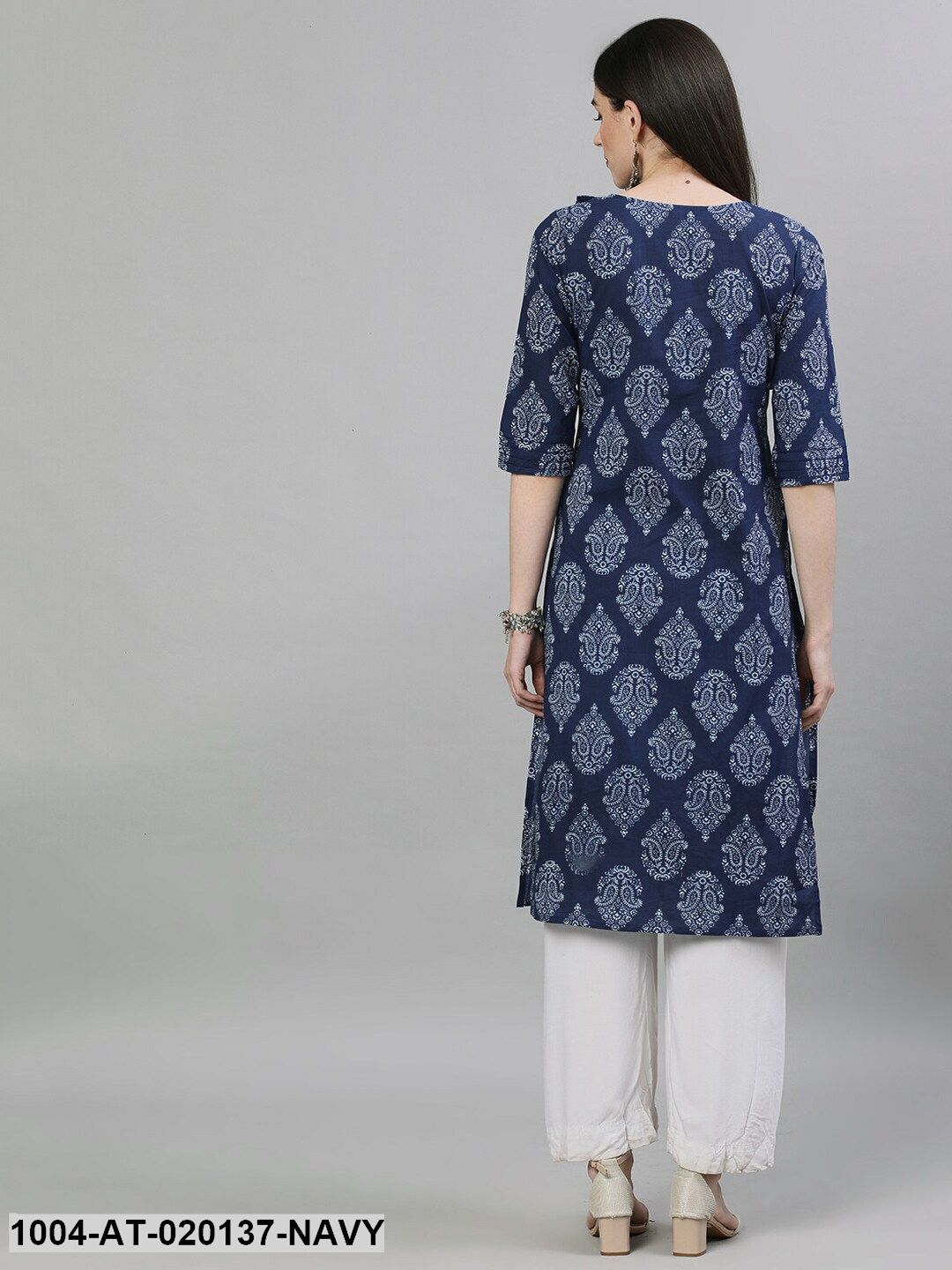 Navy Blue & White Printed Straight Kurta